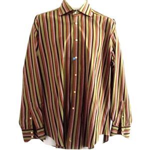Tailorbyrd Shirt Men's Large L Stripes Green Brown Orange Gray Bsiness Casual